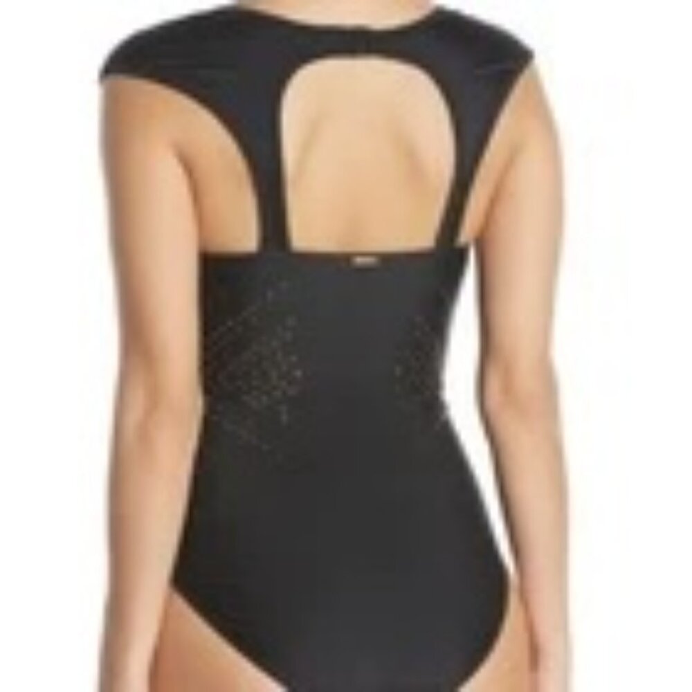 Nicole Miller One Piece Swimsuit Womens 8 Black Gold Nailhead Cap Sleeve - Picture 2 of 10